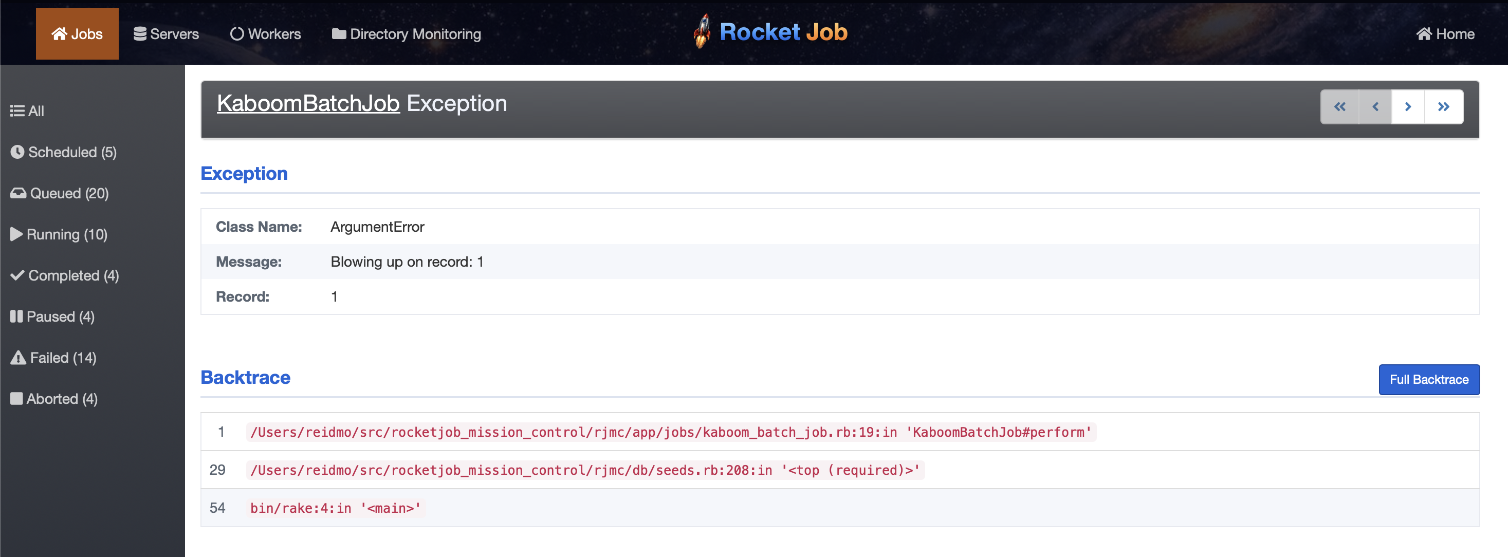 A single exception with backtrace Exception detail